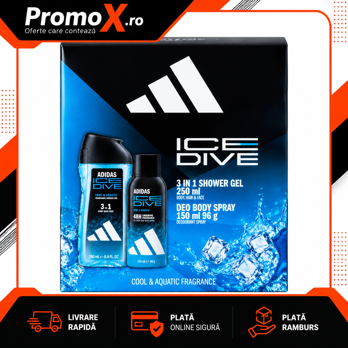 Set cadou Adidas Ice Dive cu gel de dus 250ml si deodorant spray 150ml pentru barbati