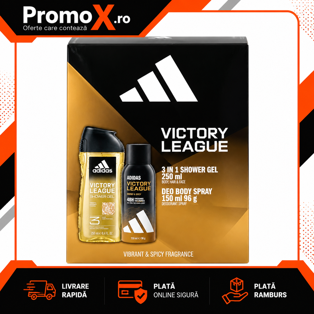 Set cadou Adidas Victory League cu gel de dus 250ml si deodorant spray 150ml pentru barbati