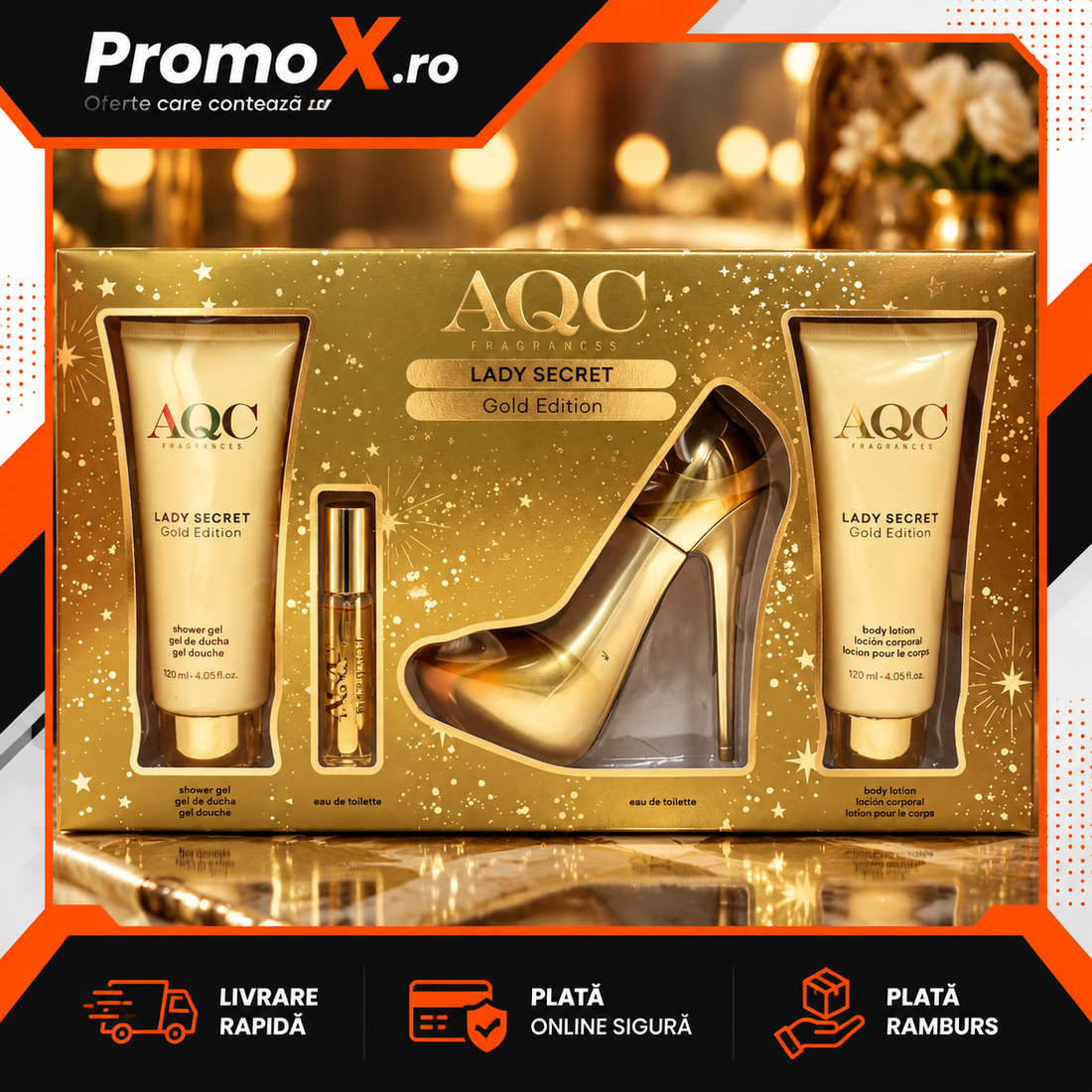 Set cadou AQC Lady Secret Gold cu parfum EDT gel de dus si lotiune de corp