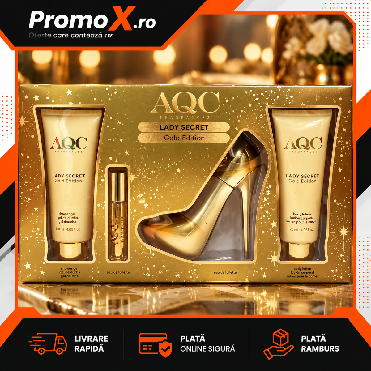 Set cadou AQC Lady Secret Gold cu parfum EDT gel de dus si lotiune de corp