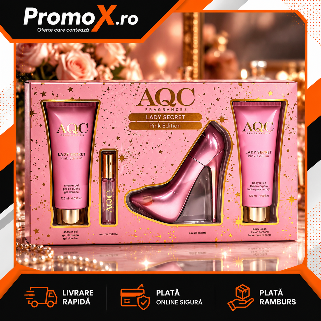Set cadou AQC Lady Secret Pink cu parfum EDT gel de dus si lotiune de corp