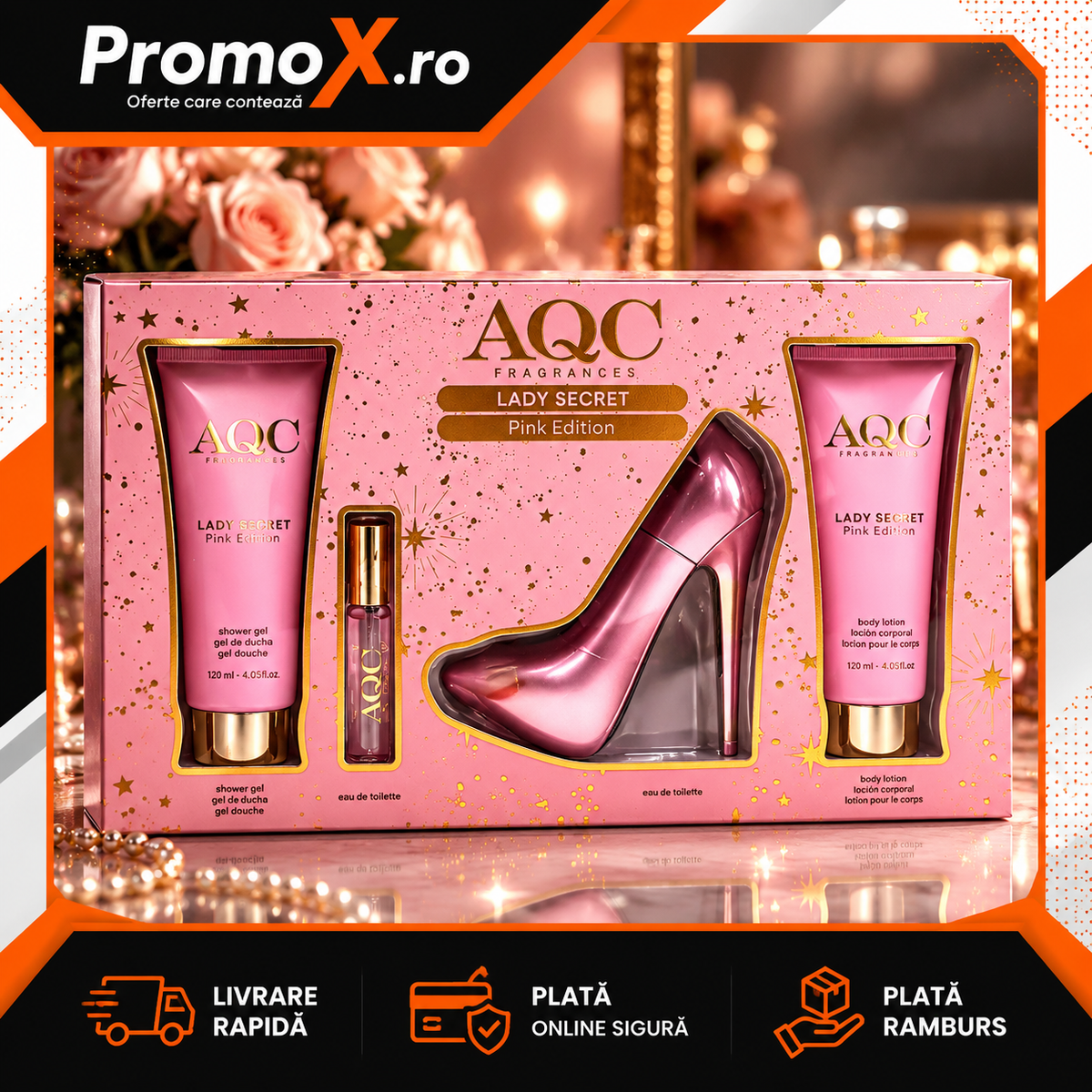 Set cadou AQC Lady Secret Pink cu parfum EDT gel de dus si lotiune de corp