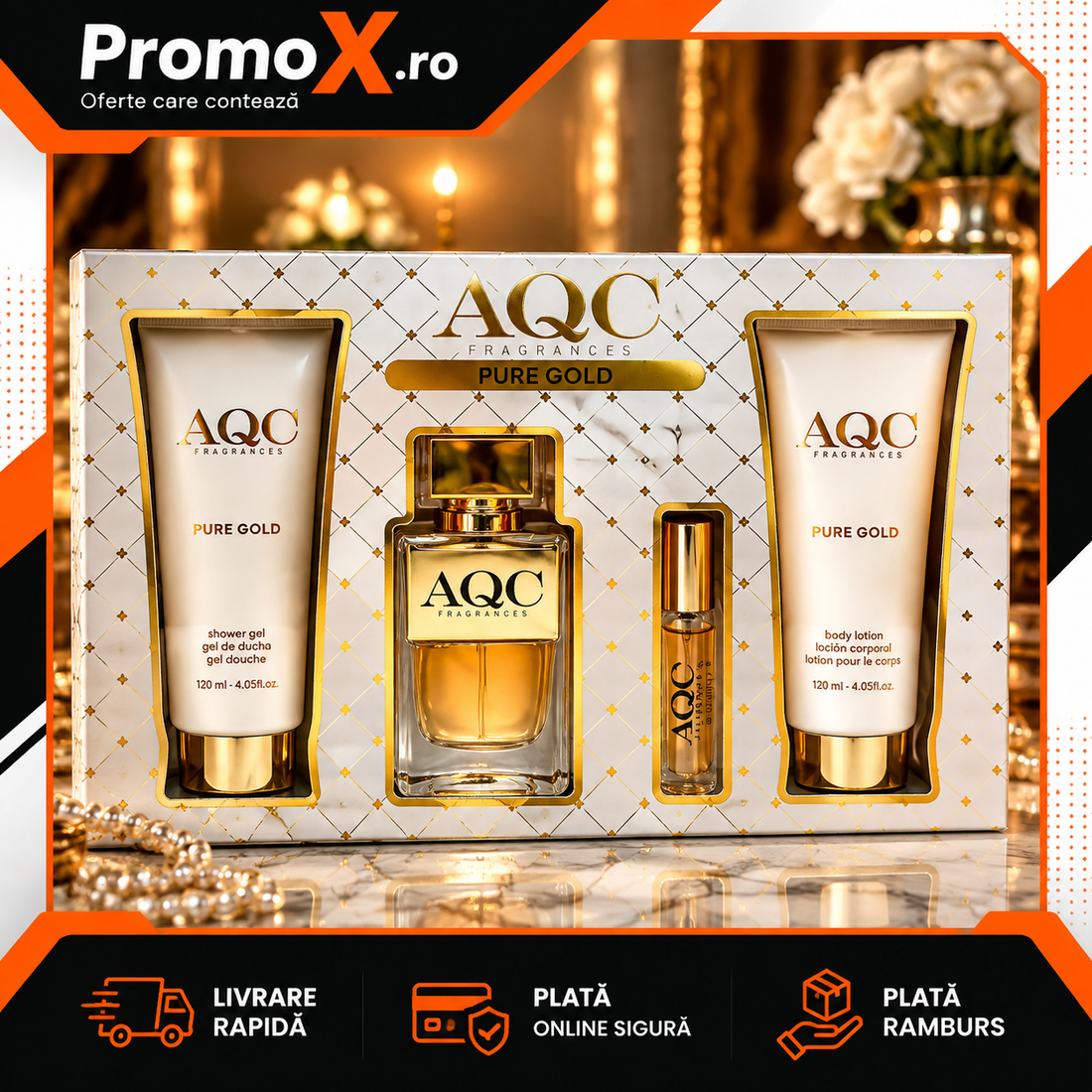 Set cadou AQC Pure Gold cu parfum EDT gel de dus si lotiune de corp