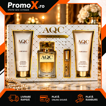 Set cadou AQC Pure Gold cu parfum EDT gel de dus si lotiune de corp