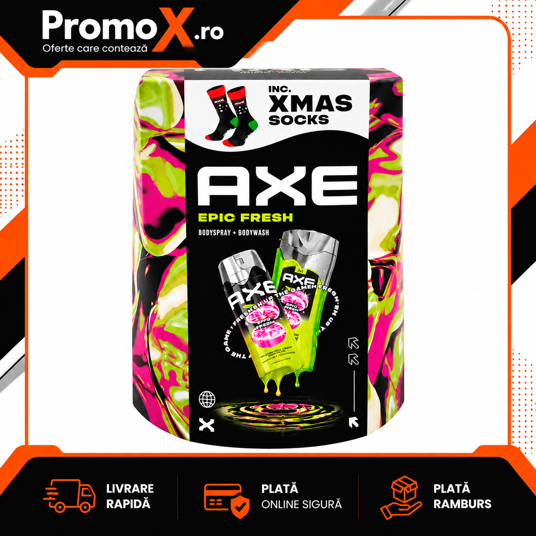Set cadou Axe Epic Fresh cu gel de dus 250ml deodorant 150ml si sosete