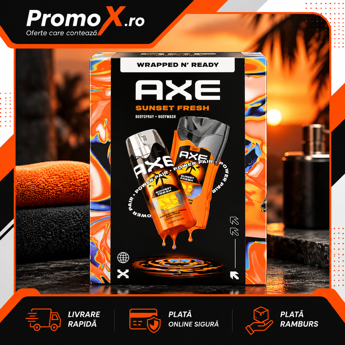 Set cadou Axe Sunset Fresh cu gel de dus 250ml si deodorant spray 150ml pentru barbati