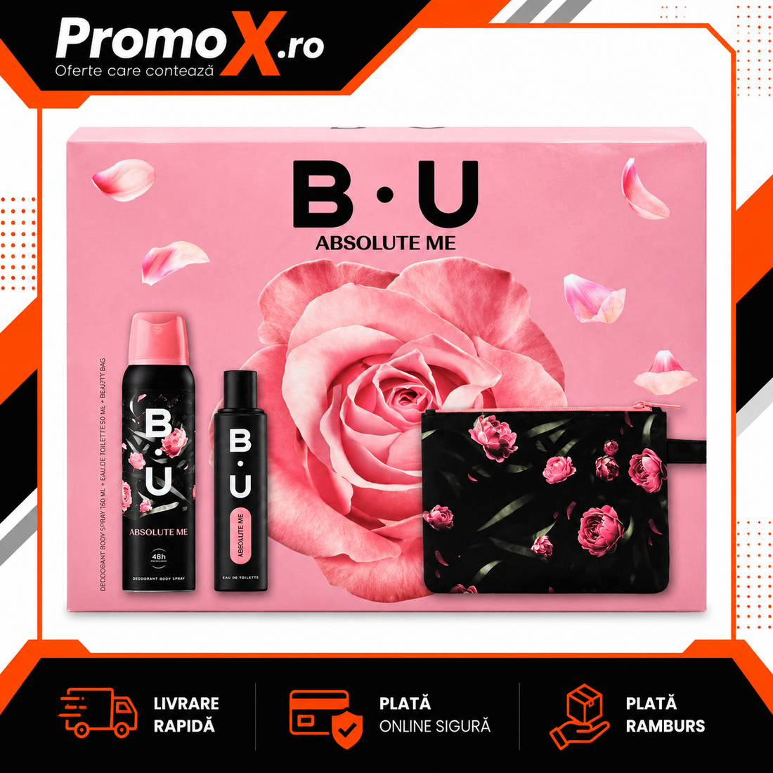 Set cadou BU Absolute Me cu apa de toaleta 50ml deodorant 150ml si borseta cosmetica