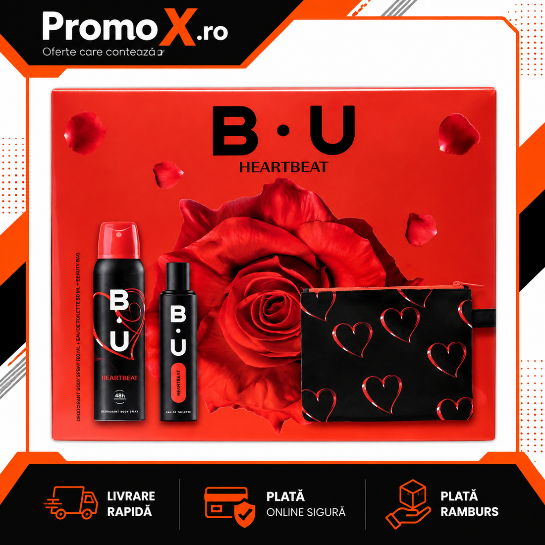 Set cadou BU Heart Beat cu apa de toaleta 50ml deodorant 150ml si borseta cosmetica