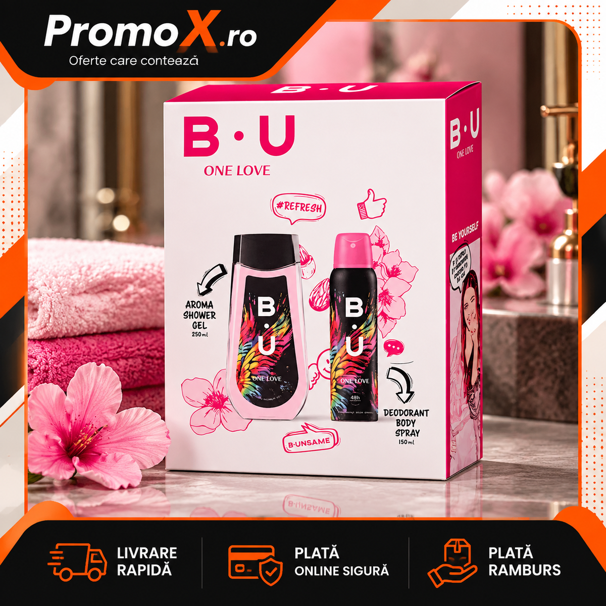 Set cadou BU One Love cu gel de dus 250ml si deodorant 150ml