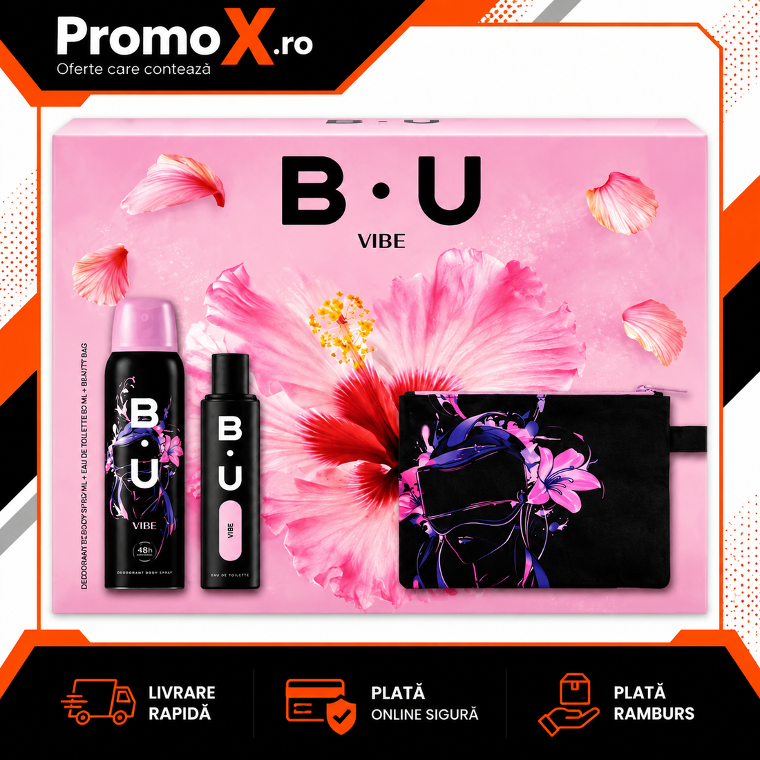Set cadou BU Vibe cu apa de toaleta 50ml deodorant 150ml si borseta cosmetica