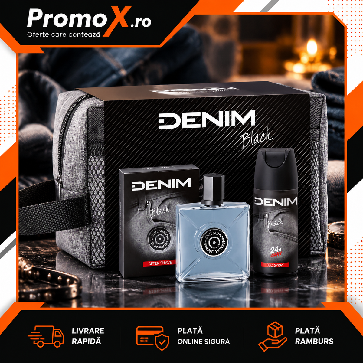 Set cadou Denim Black cu aftershave 100ml deodorant 150ml si borseta