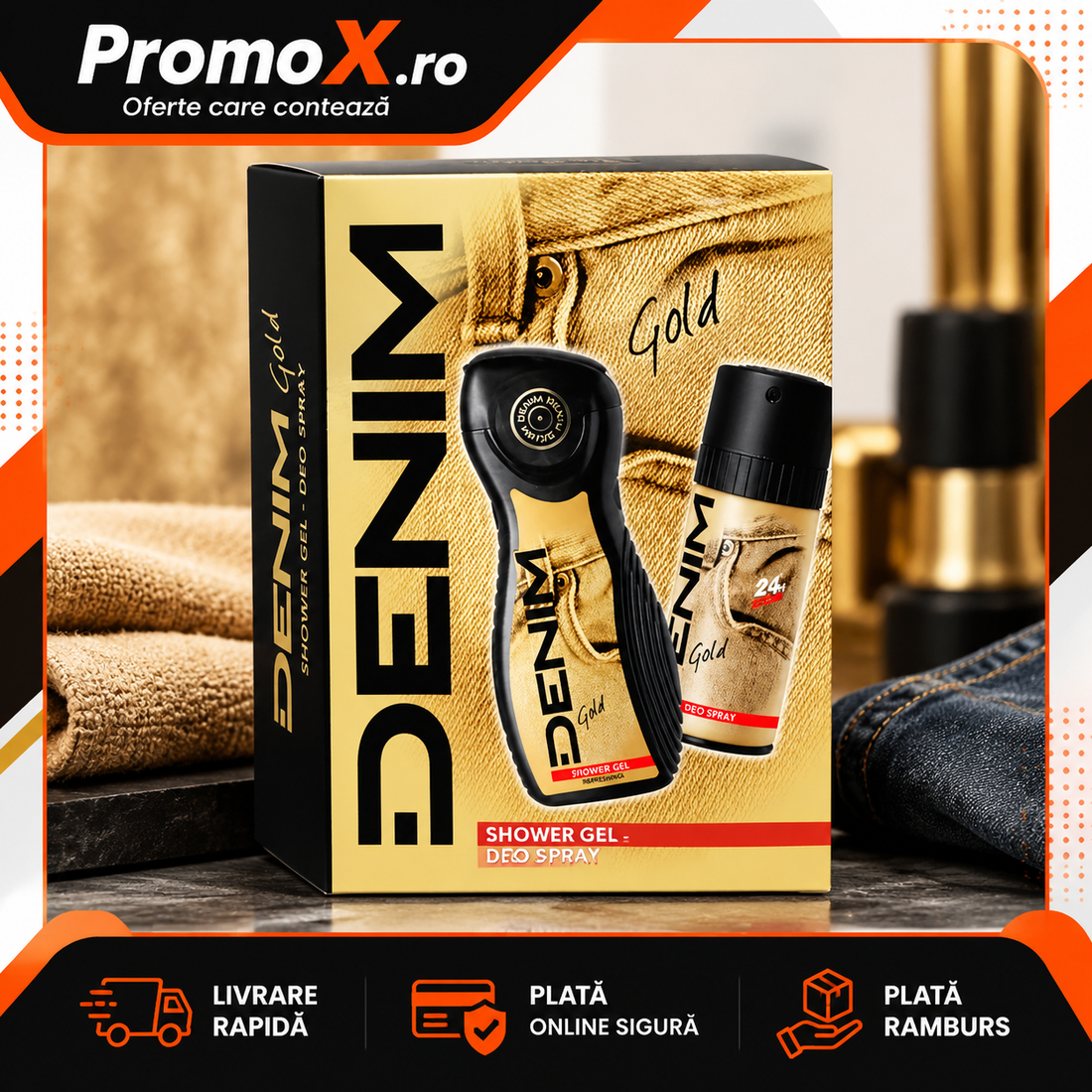 Set cadou Denim Gold pentru barbati cu gel de dus 250 ml si deodorant 150 ml