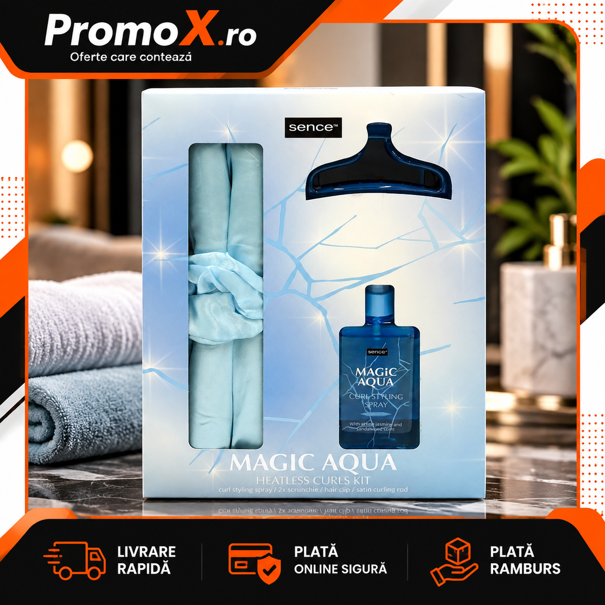 Set cadou Sence Magic Aqua cu accesorii pentru par si spray de par 100ml