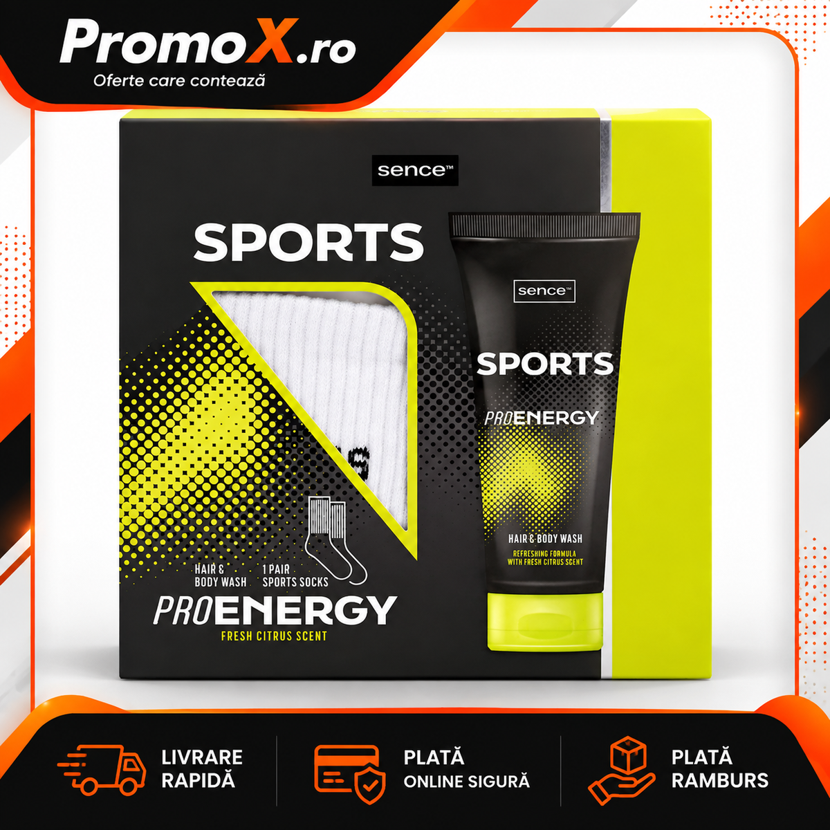 Set cadou Sence Pro Energy cu gel de dus Hair Body Wash si sosete sport